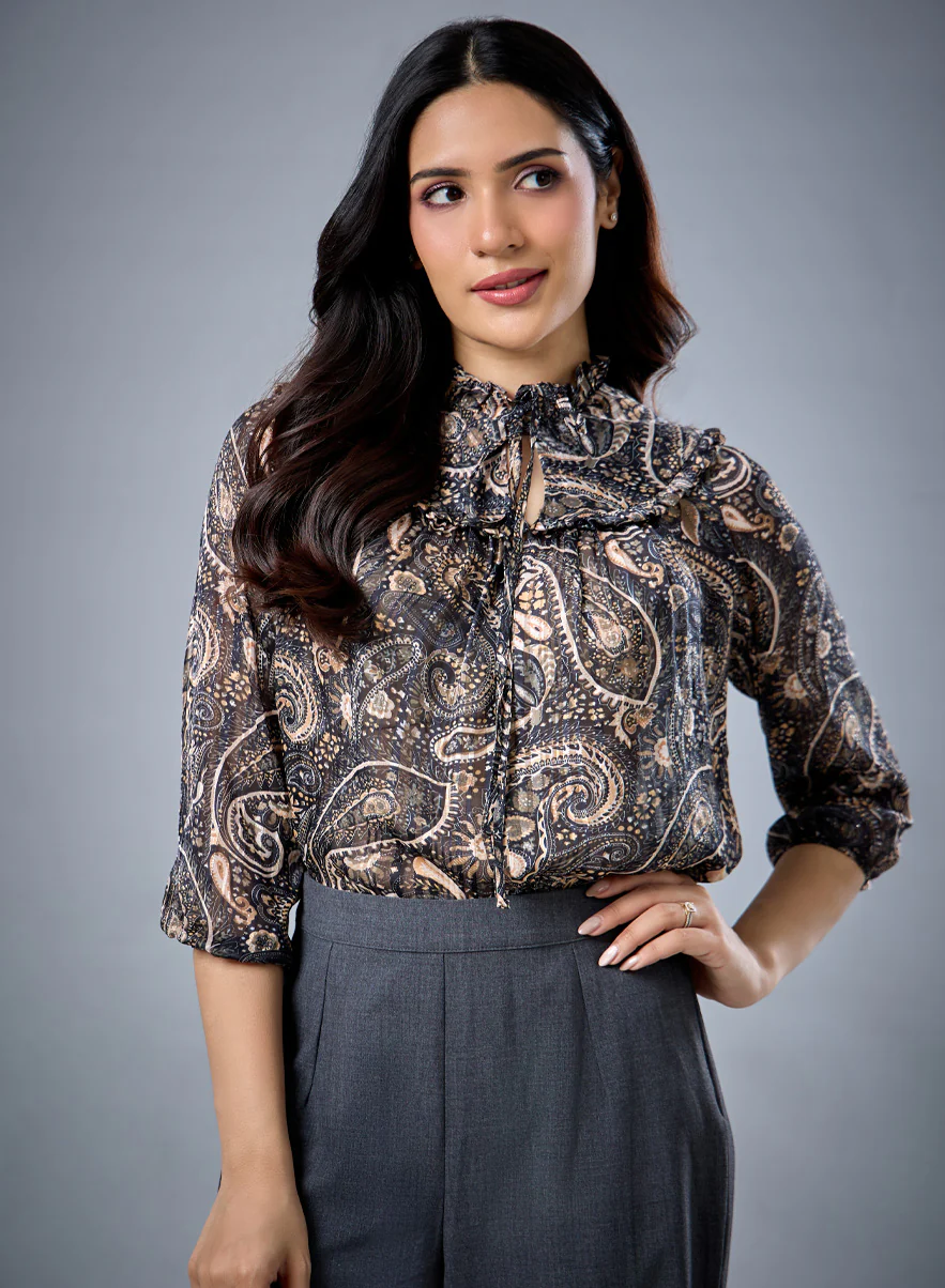 Round Paneled Printed Chiffon Top - Image 2