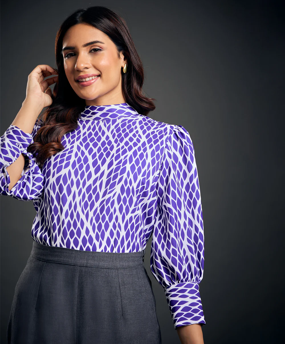 Round Standing Collar Printed Blue Top