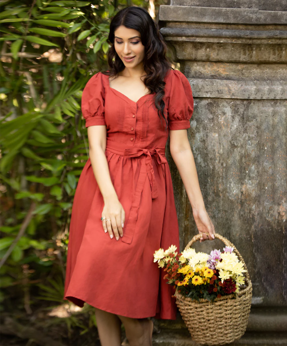 Rust Pintuck Sweetheart Neck Linen Dress