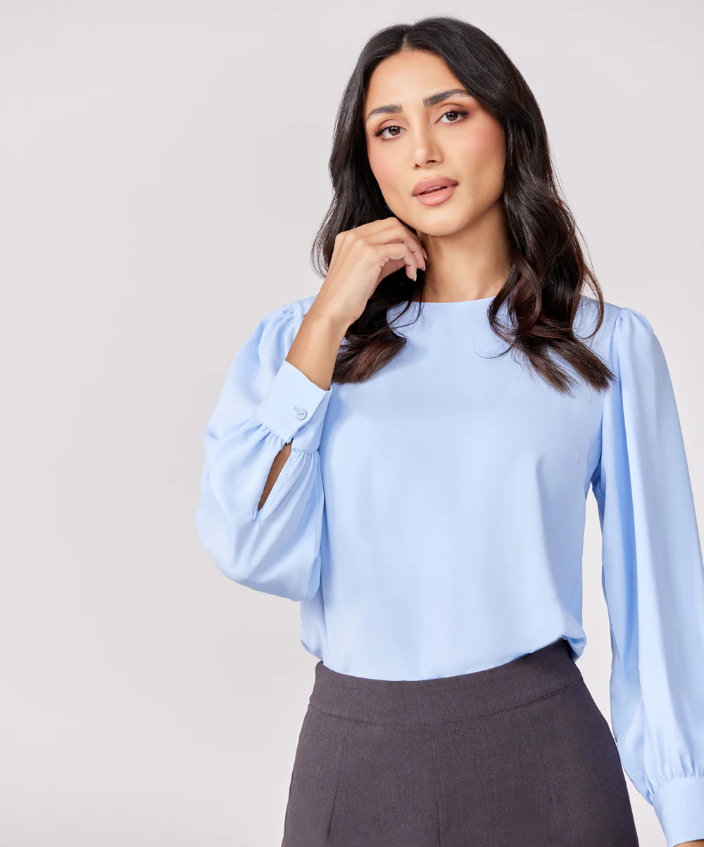 Satin Long Blue Sleeve Top - Image 2