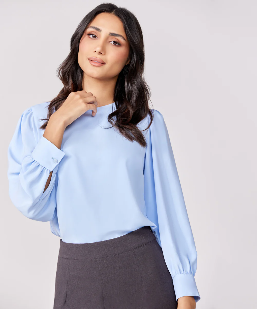 Satin Long Blue Sleeve Top - Image 3