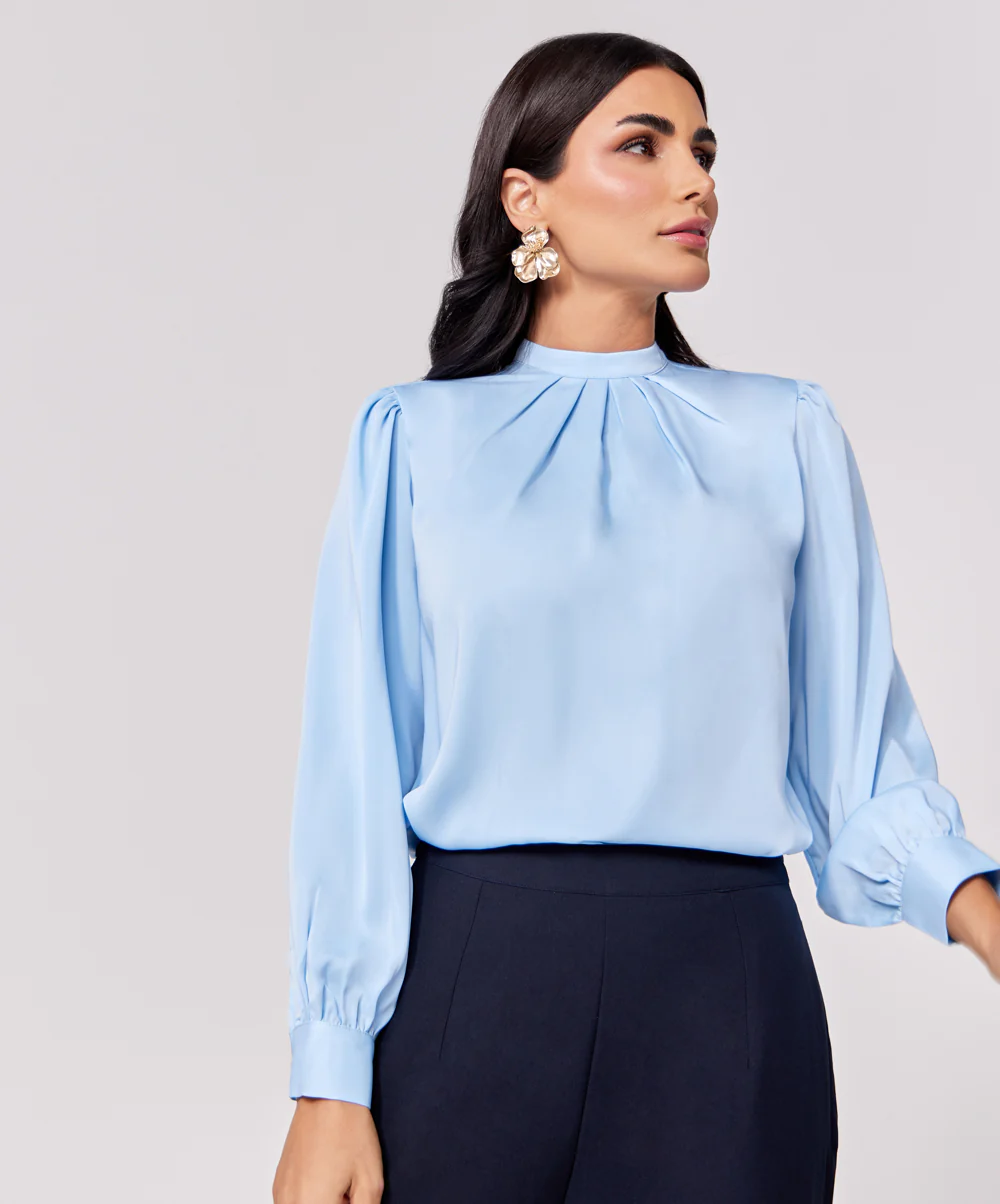 Satin Pleated Blue Long Sleeve Top - Image 3