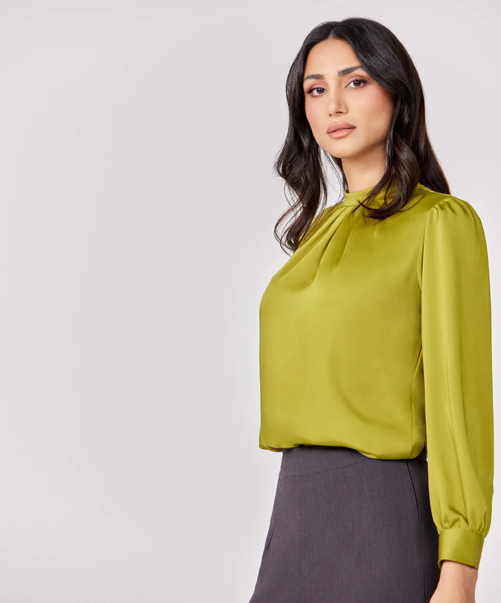 Satin Pleated Olive Long Sleeve Top - Image 2