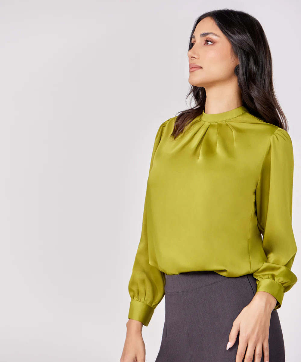 Satin Pleated Olive Long Sleeve Top - Image 3