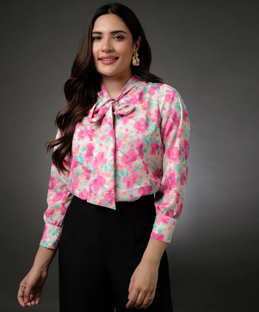 Satin Printed Floral Tie Neck Shirt - Image 2