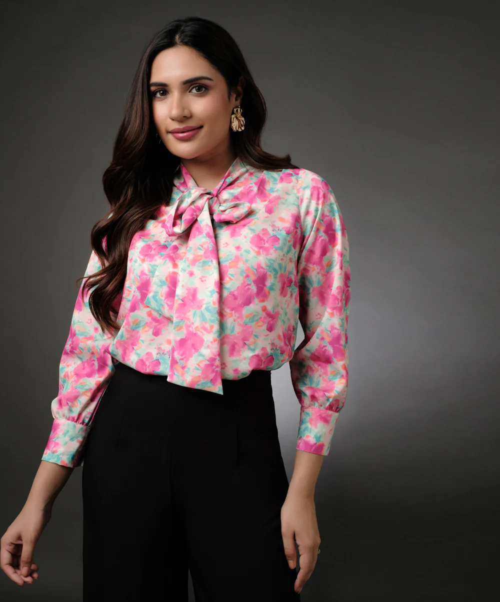 Satin Printed Floral Tie Neck Shirt - Image 3