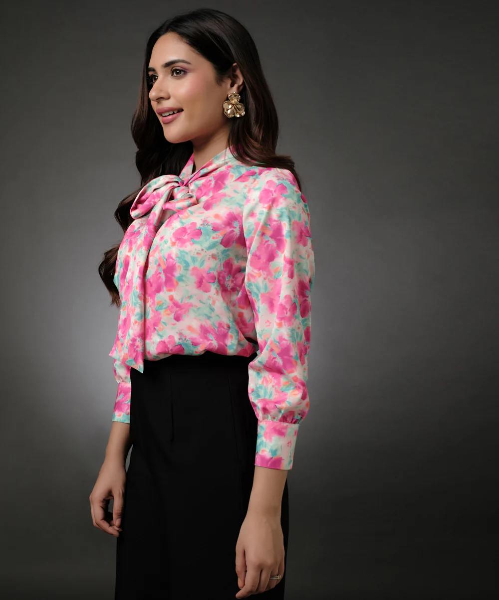 Satin Printed Floral Tie Neck Shirt - Image 4