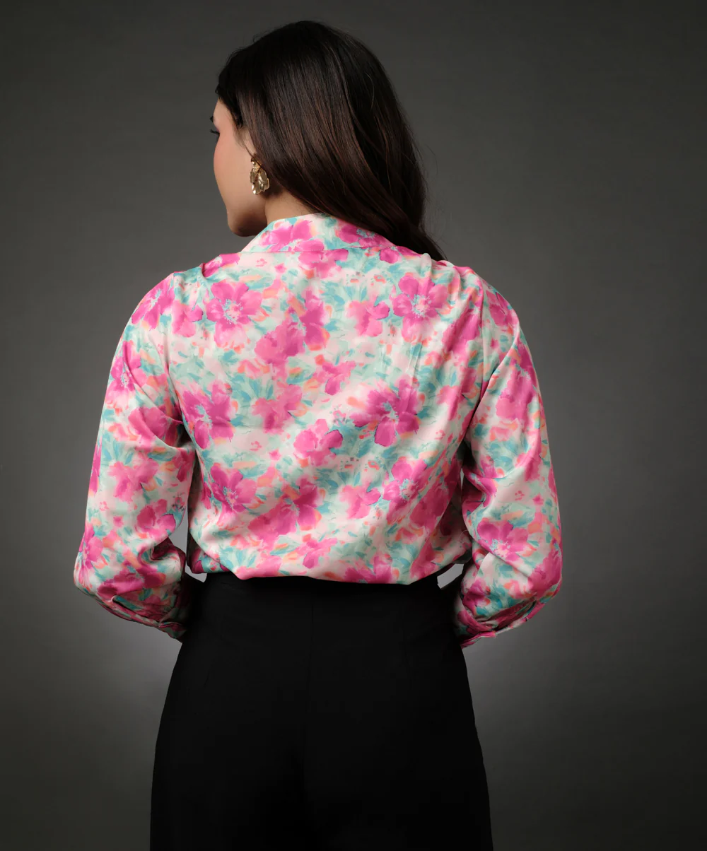 Satin Printed Floral Tie Neck Shirt - Image 5
