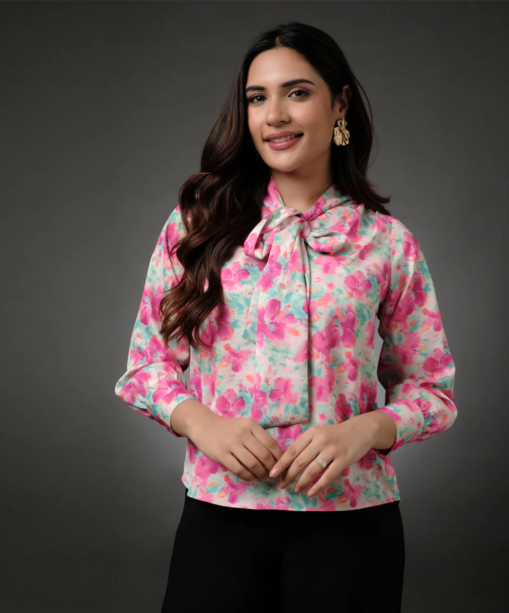 Satin Printed Floral Tie Neck Shirt - Image 6