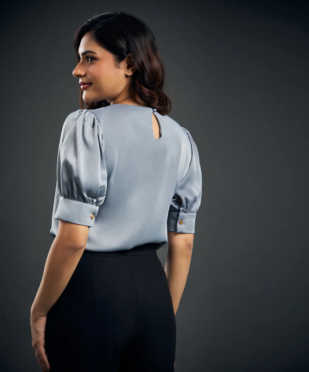 Satin Puffed Sleeve Round Top - Image 5