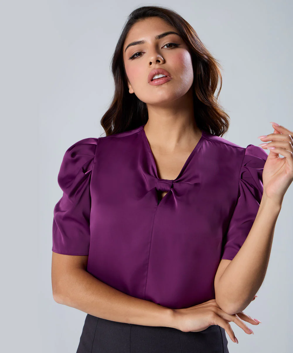 Satin Short Sleeve Purple Top - Image 2