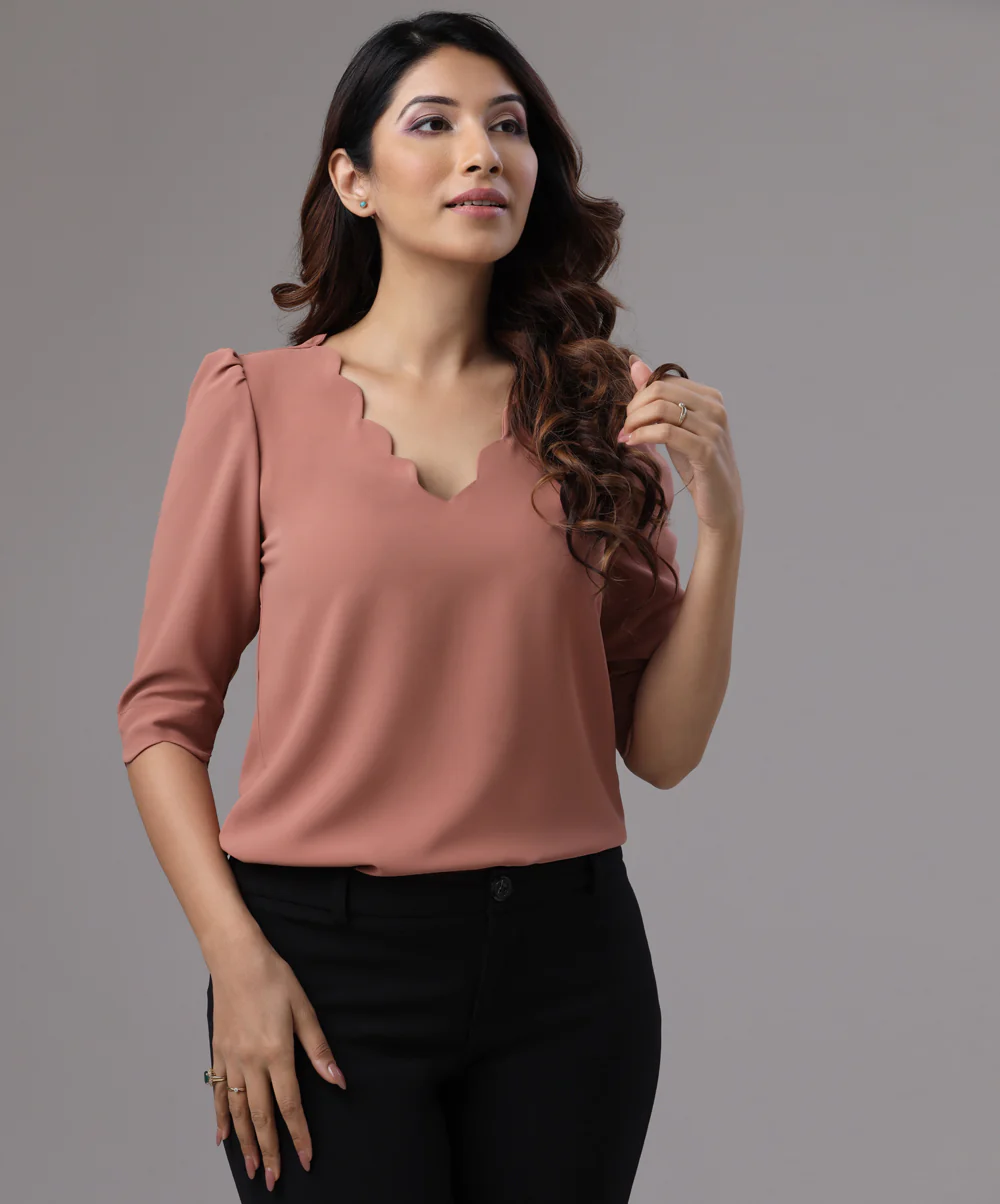 Scallop Trim Puff Sleeve Brown Top