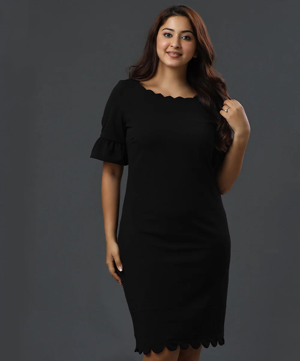 Scalloped And Sleeve Frilled Shift Dress