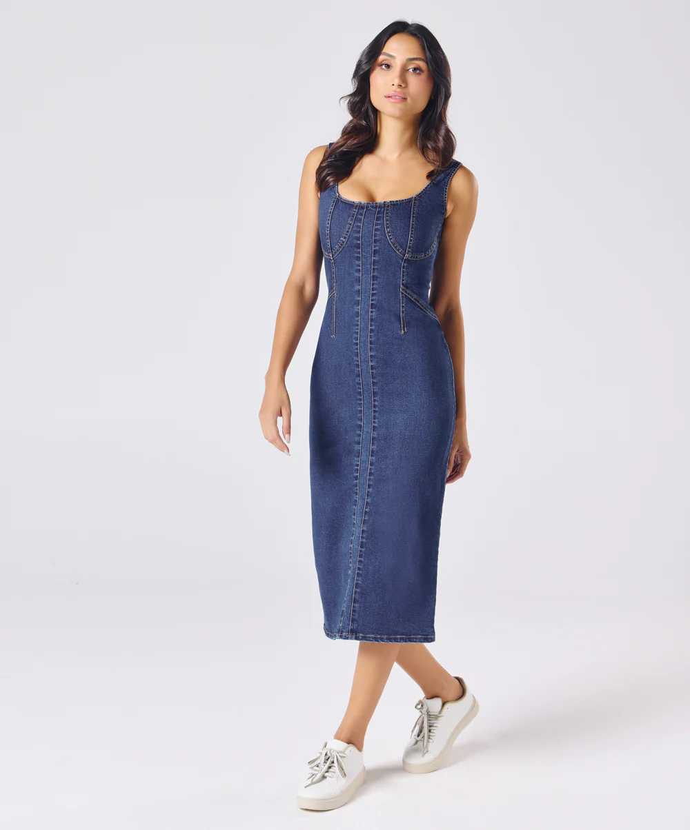 Scoop Neck Denim Body-Con Dress - Image 2
