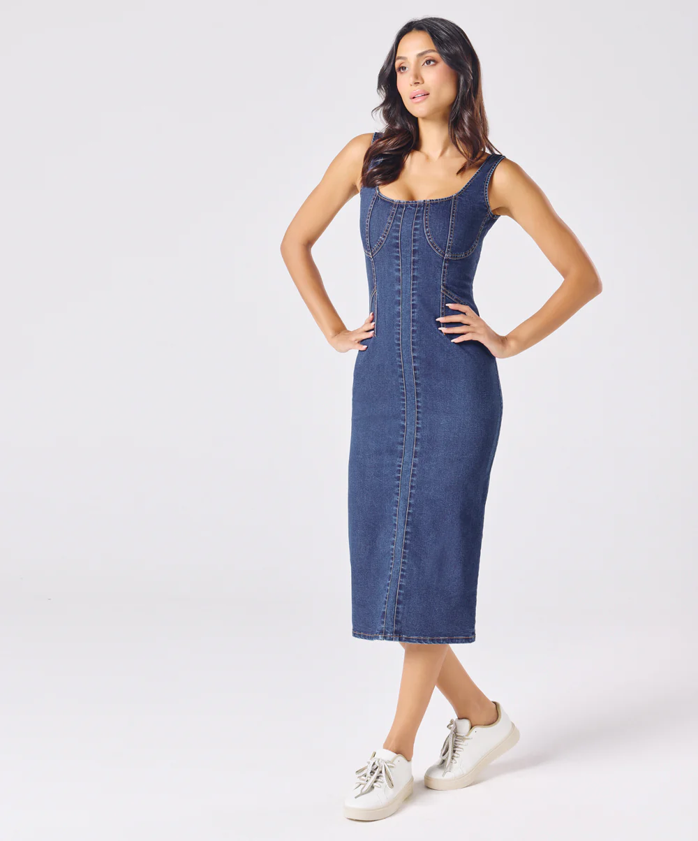 Scoop Neck Denim Body-Con Dress - Image 3