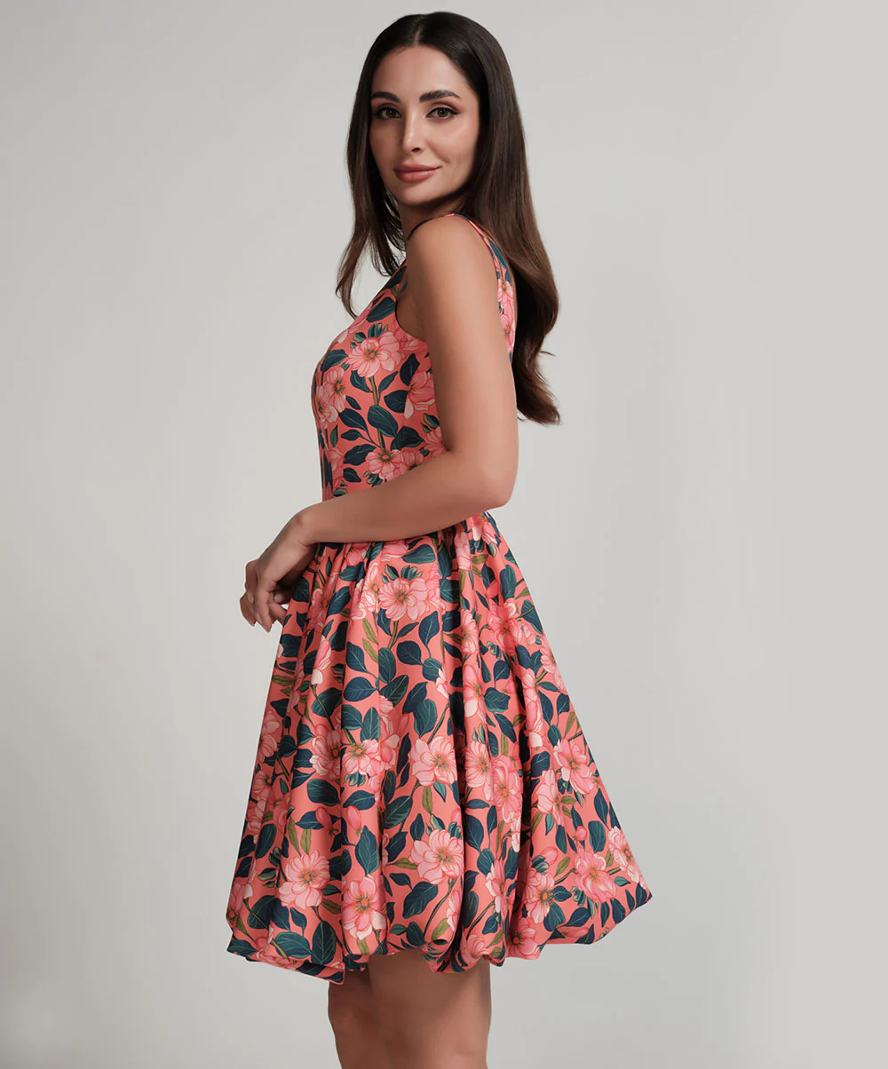 Scoop Neck Printed Balloon Dress - Image 3