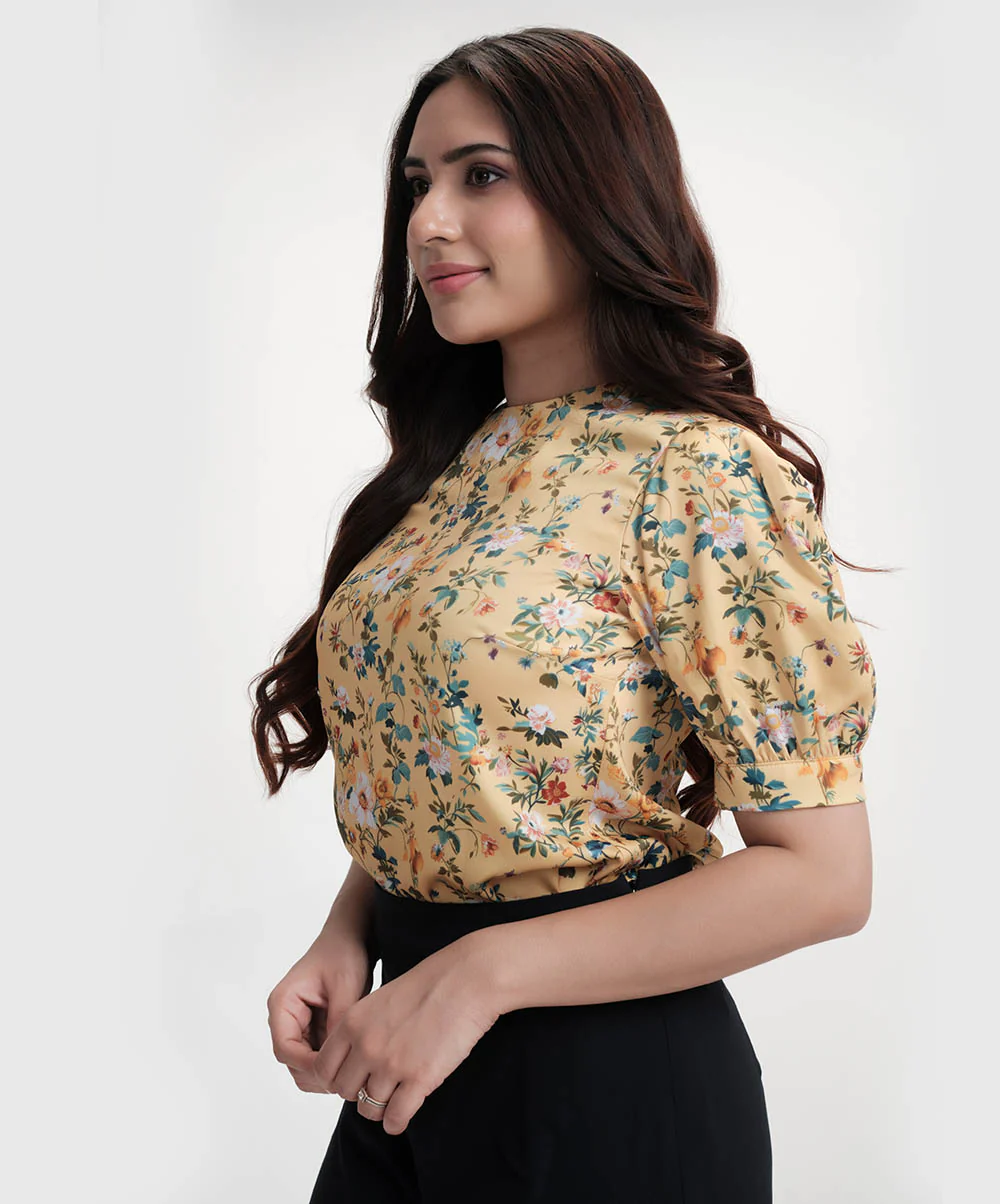 Short Puffed Sleeve Printed Satin Top - Image 2