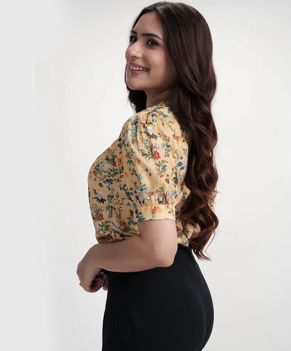Short Puffed Sleeve Printed Satin Top - Image 3