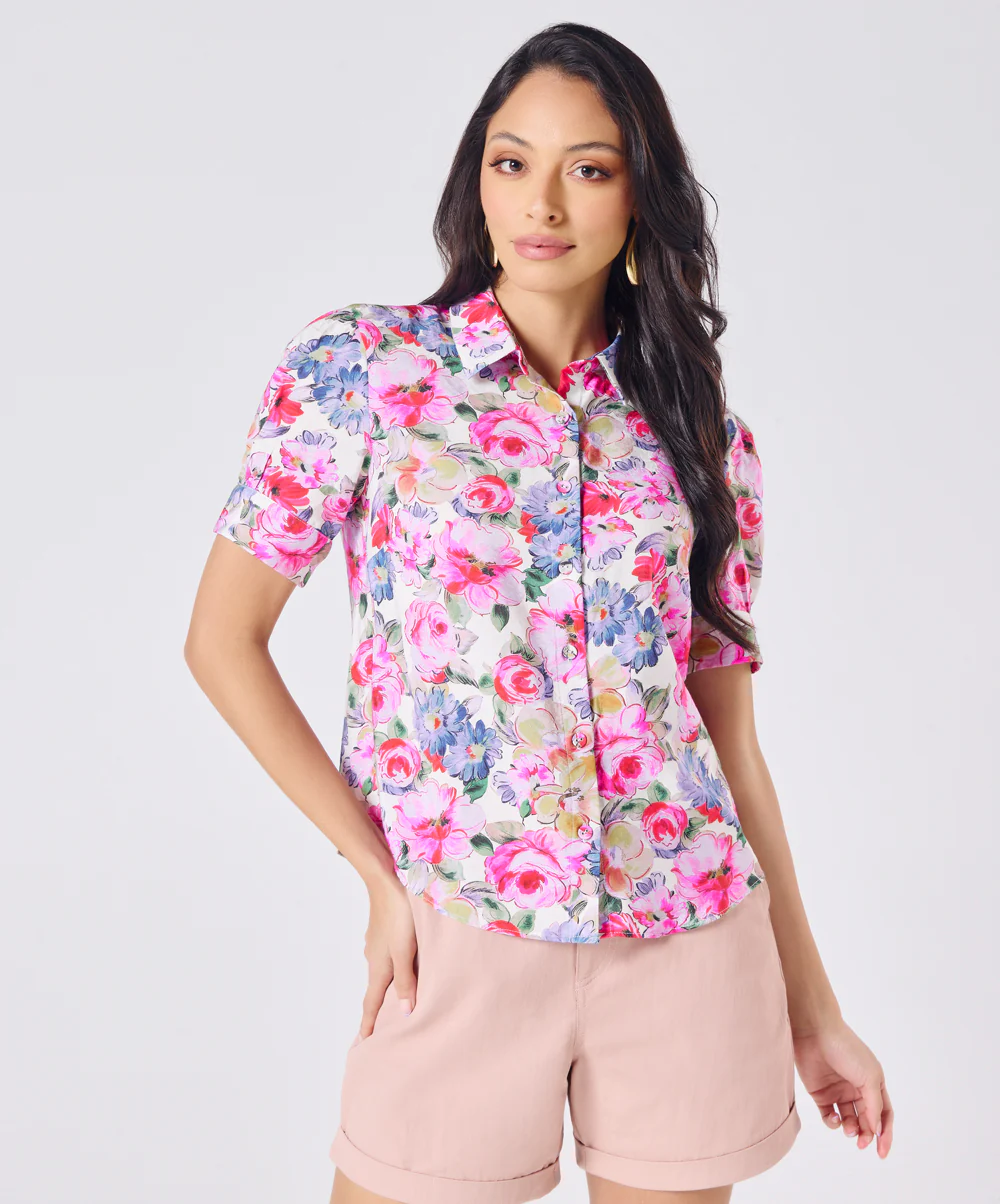 Short Sleeve Classic Collar Pink Printed Top