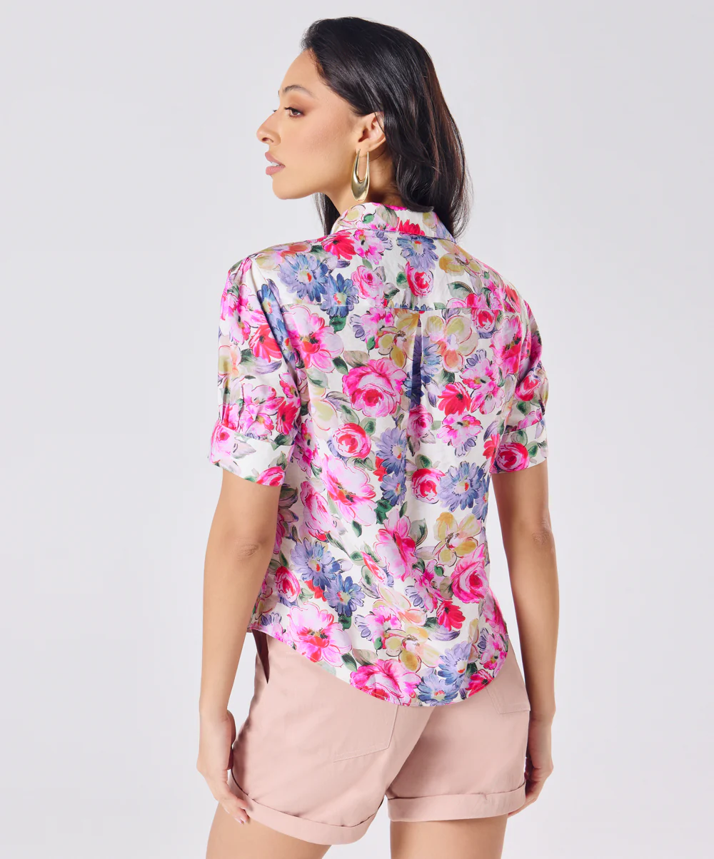 Short Sleeve Classic Collar Pink Printed Top - Image 5