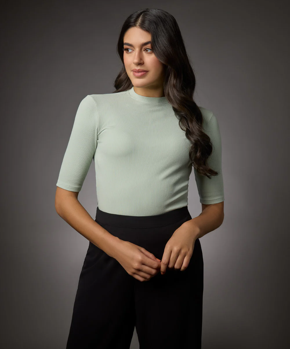 Short Sleeve High Neck Rib Top- Baby Green - Image 3