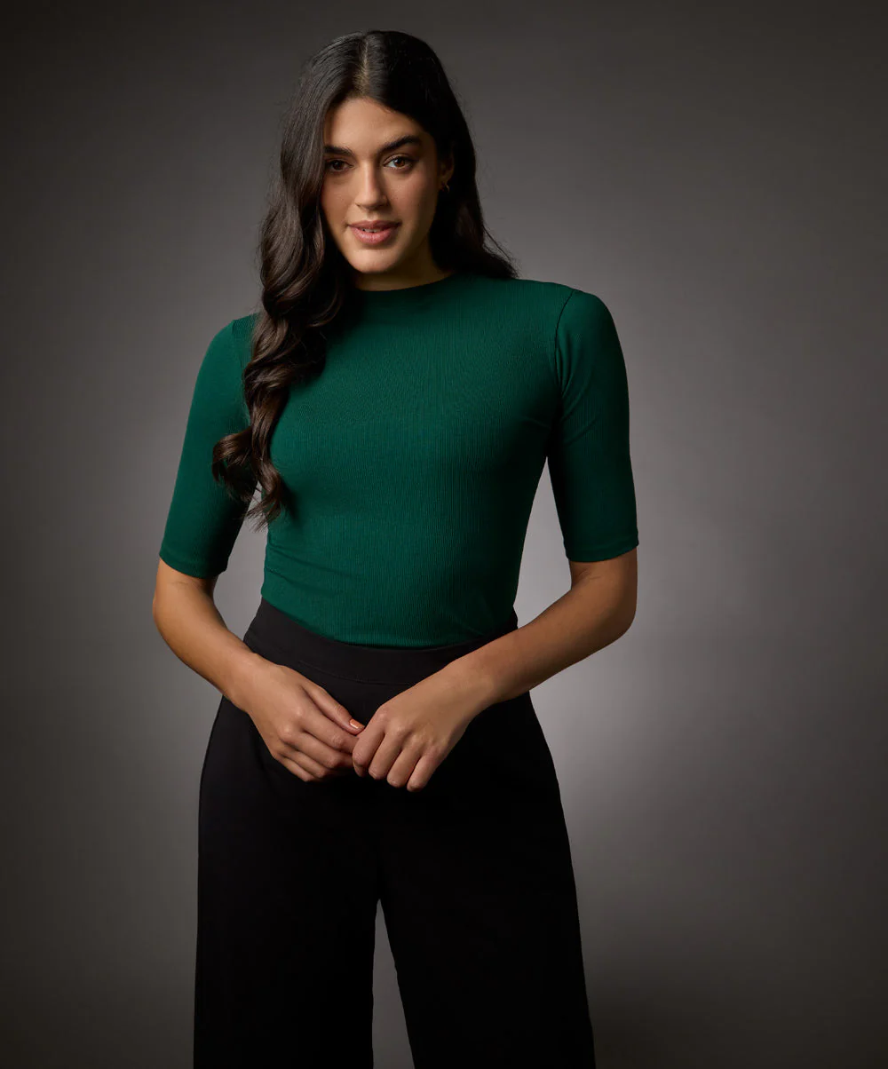 Short Sleeve High Neck Rib Top-Dark Green - Image 4