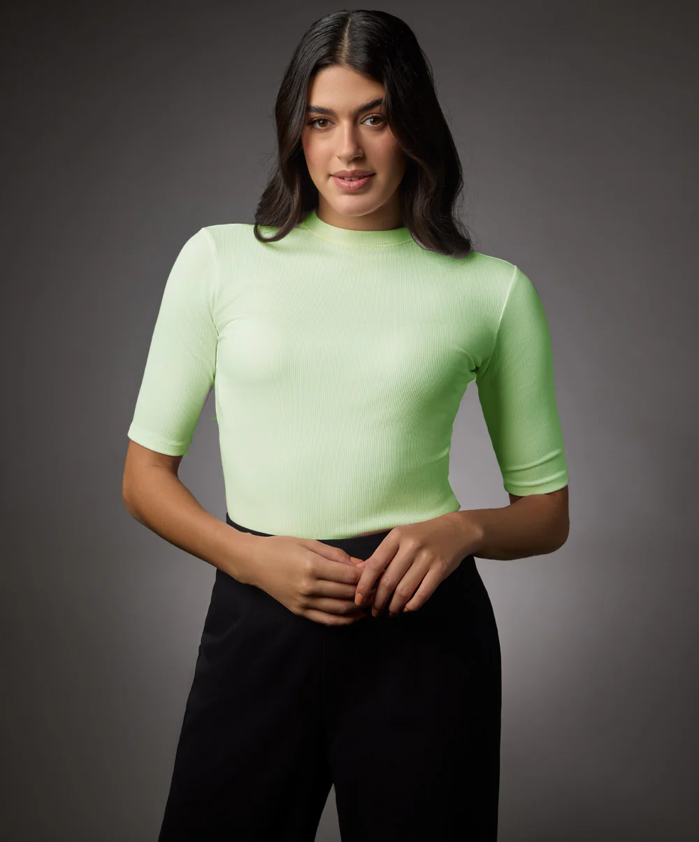 Short Sleeve High Neck Rib Top- Electric Green