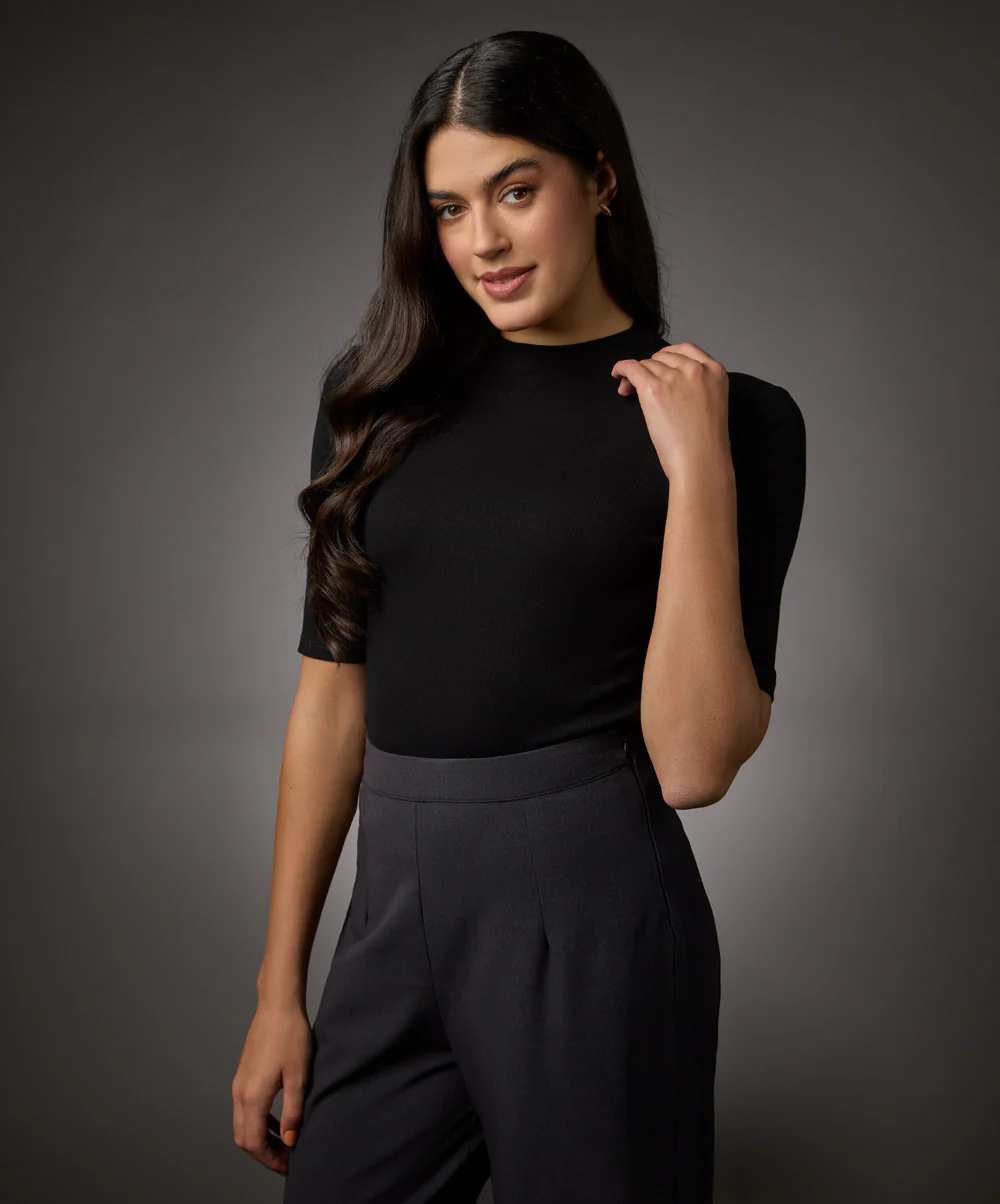 Short Sleeve High Neck Rib Top- Jet Black - Image 4