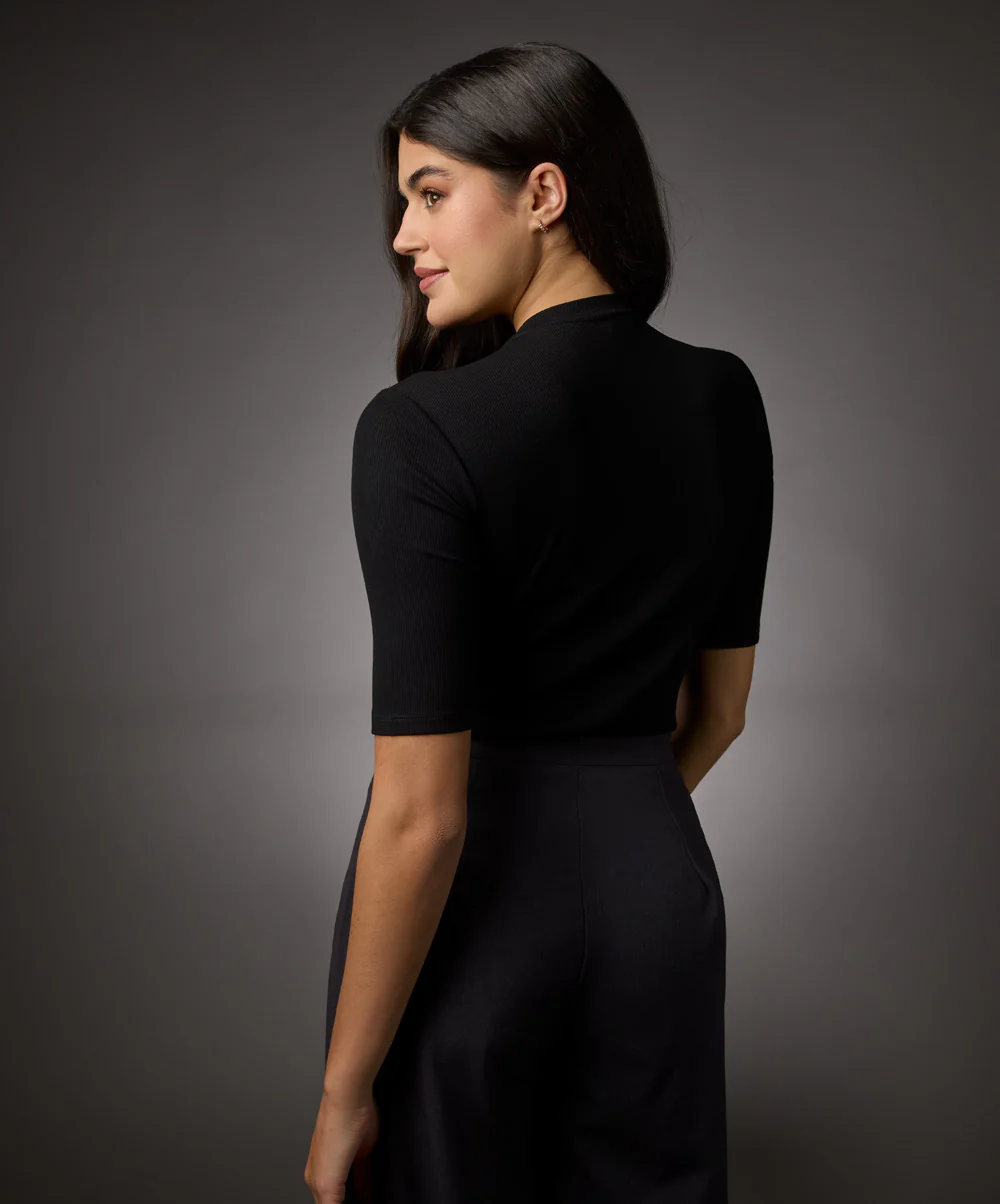 Short Sleeve High Neck Rib Top- Jet Black - Image 5