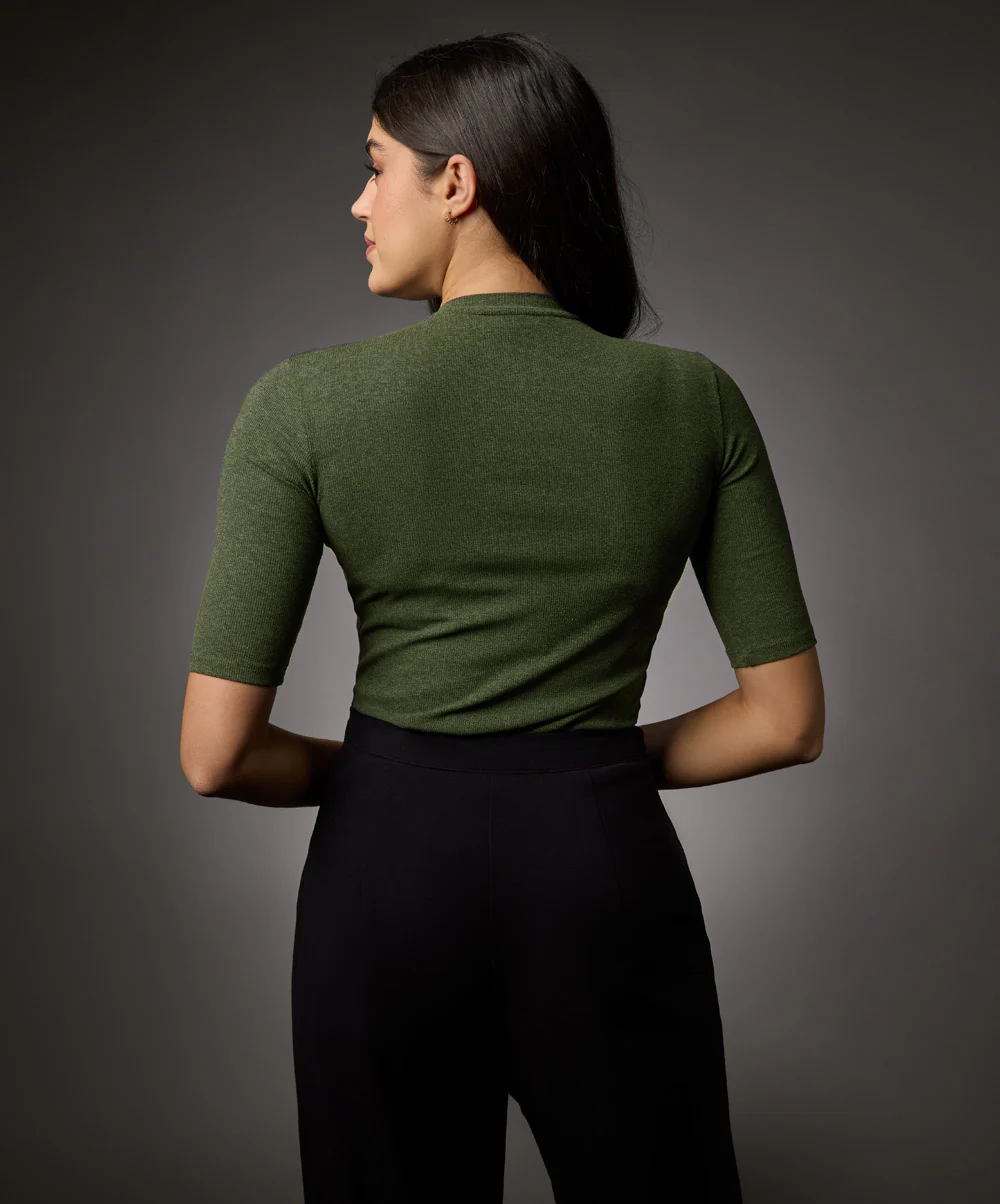 Short Sleeve High Neck Rib Top- Khaki Green - Image 3