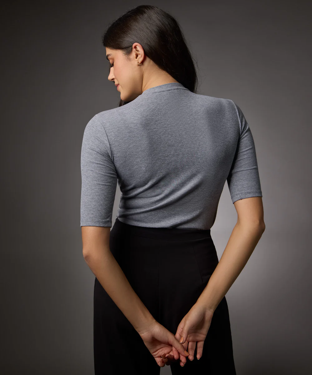 Short Sleeve High Neck Rib Top- Light Grey - Image 5