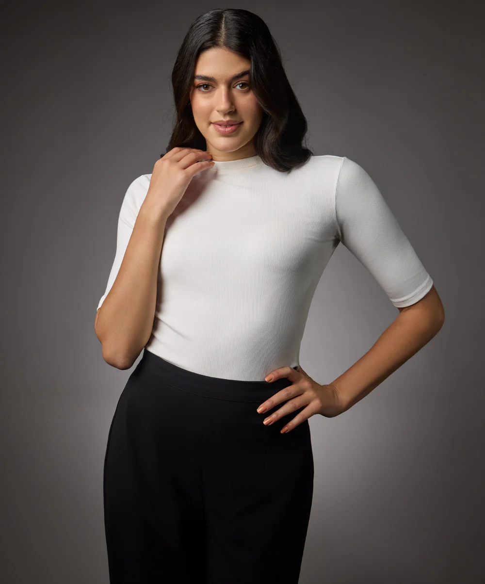 Short Sleeve High Neck Rib Top- Off White - Image 2