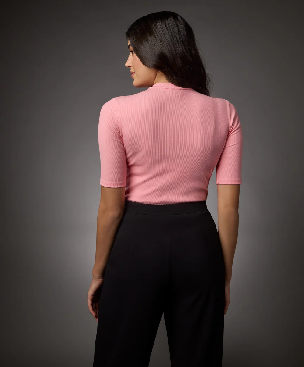 Short Sleeve High Neck Rib Top- Peach Pink - Image 4