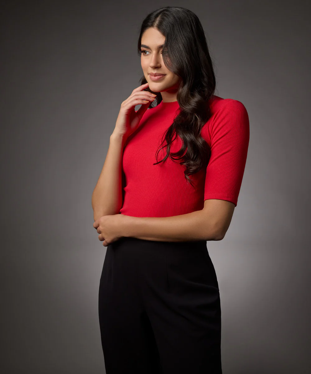Short Sleeve High Neck Rib Top- Red - Image 3