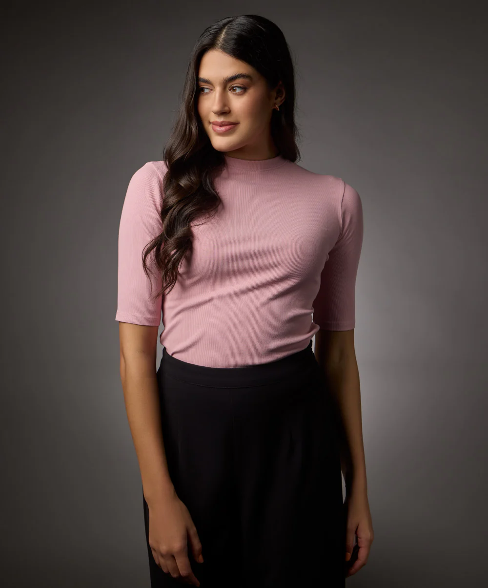 Short Sleeve High Neck Rib Top- Salmon Pink - Image 3