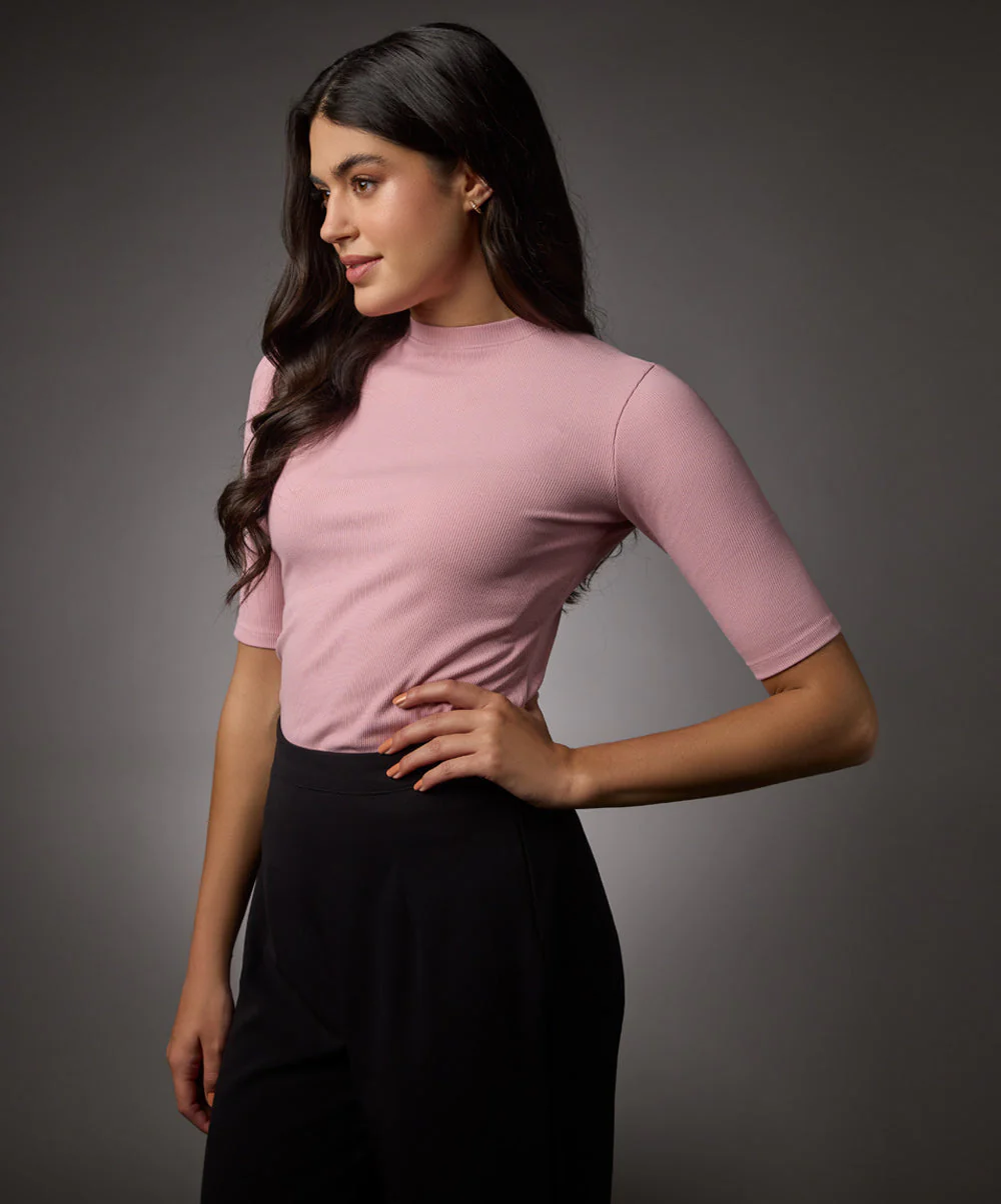 Short Sleeve High Neck Rib Top- Salmon Pink - Image 4