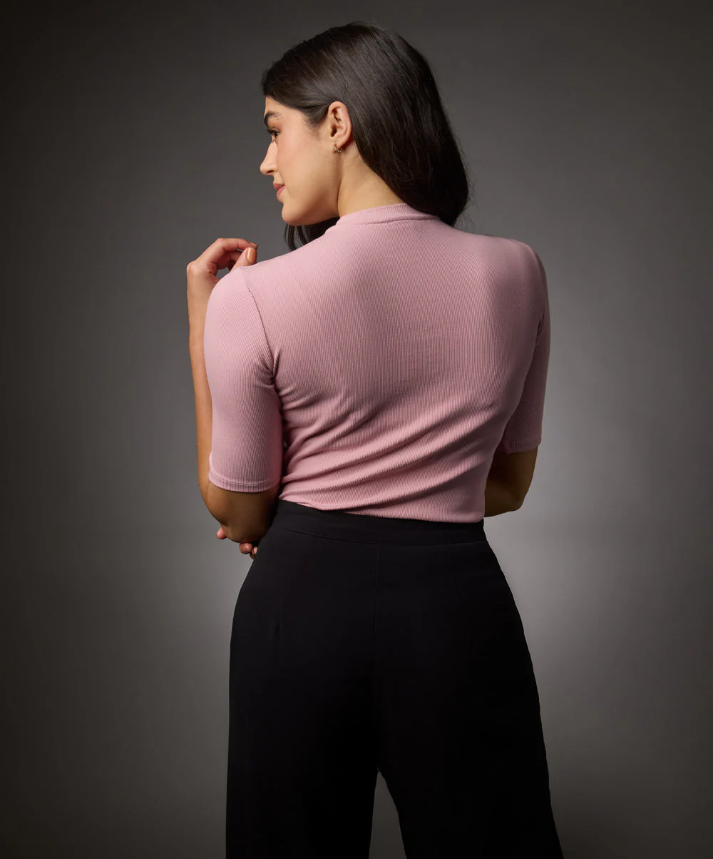 Short Sleeve High Neck Rib Top- Salmon Pink - Image 5