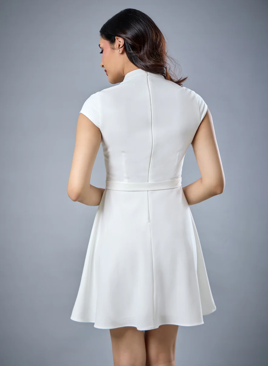 Short Sleeve Off White Belted Dress - Image 3