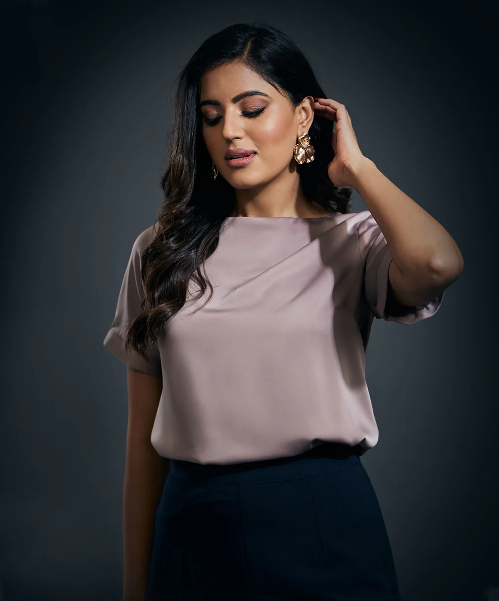 Short Sleeve Satin Solid Top-Brown - Image 2