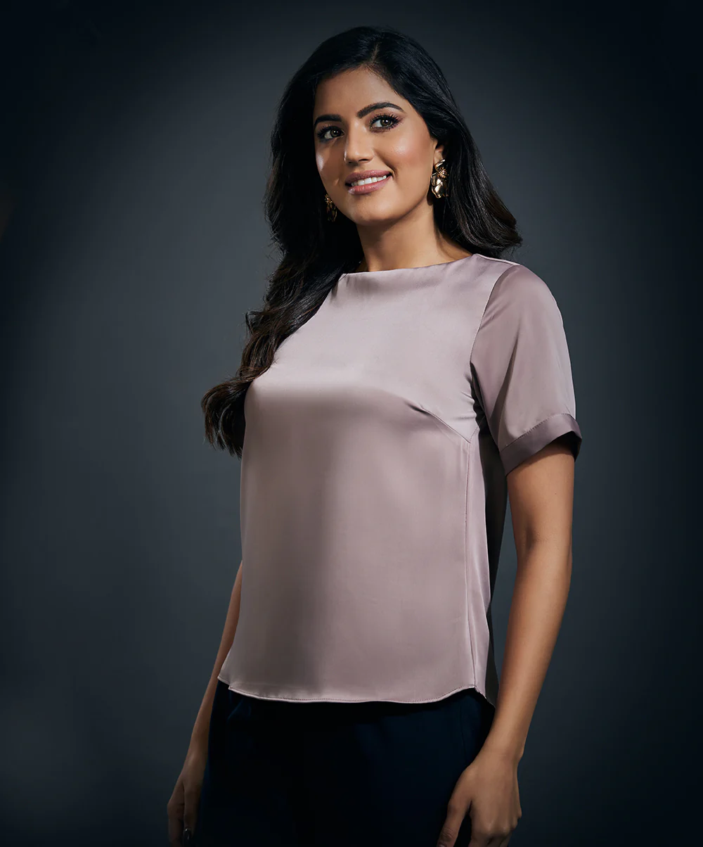 Short Sleeve Satin Solid Top-Brown - Image 4
