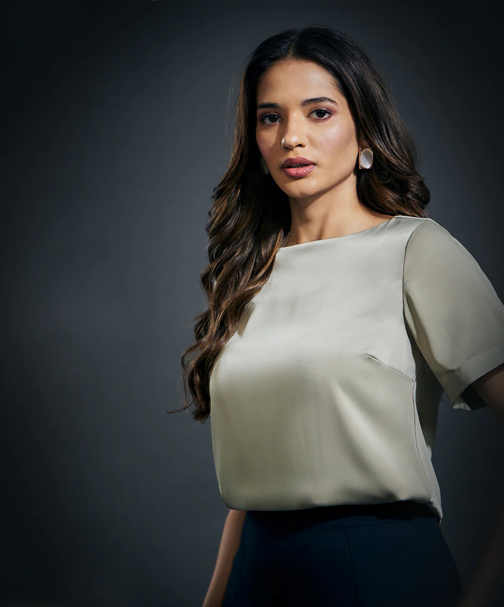 Short Sleeve Satin Solid Top-Grey - Image 3
