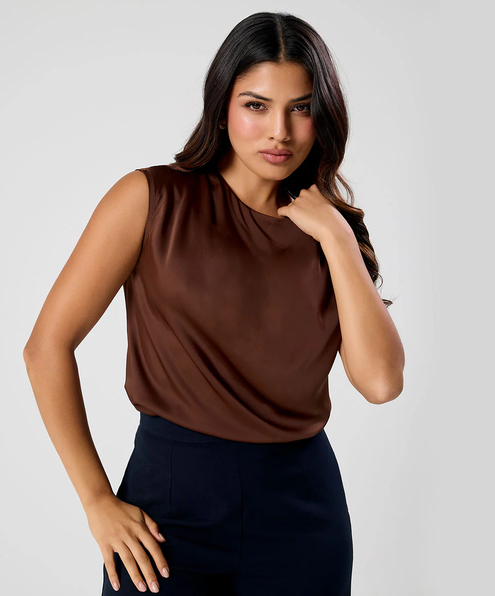 Side Detailed Satin Top- Brown - Image 3