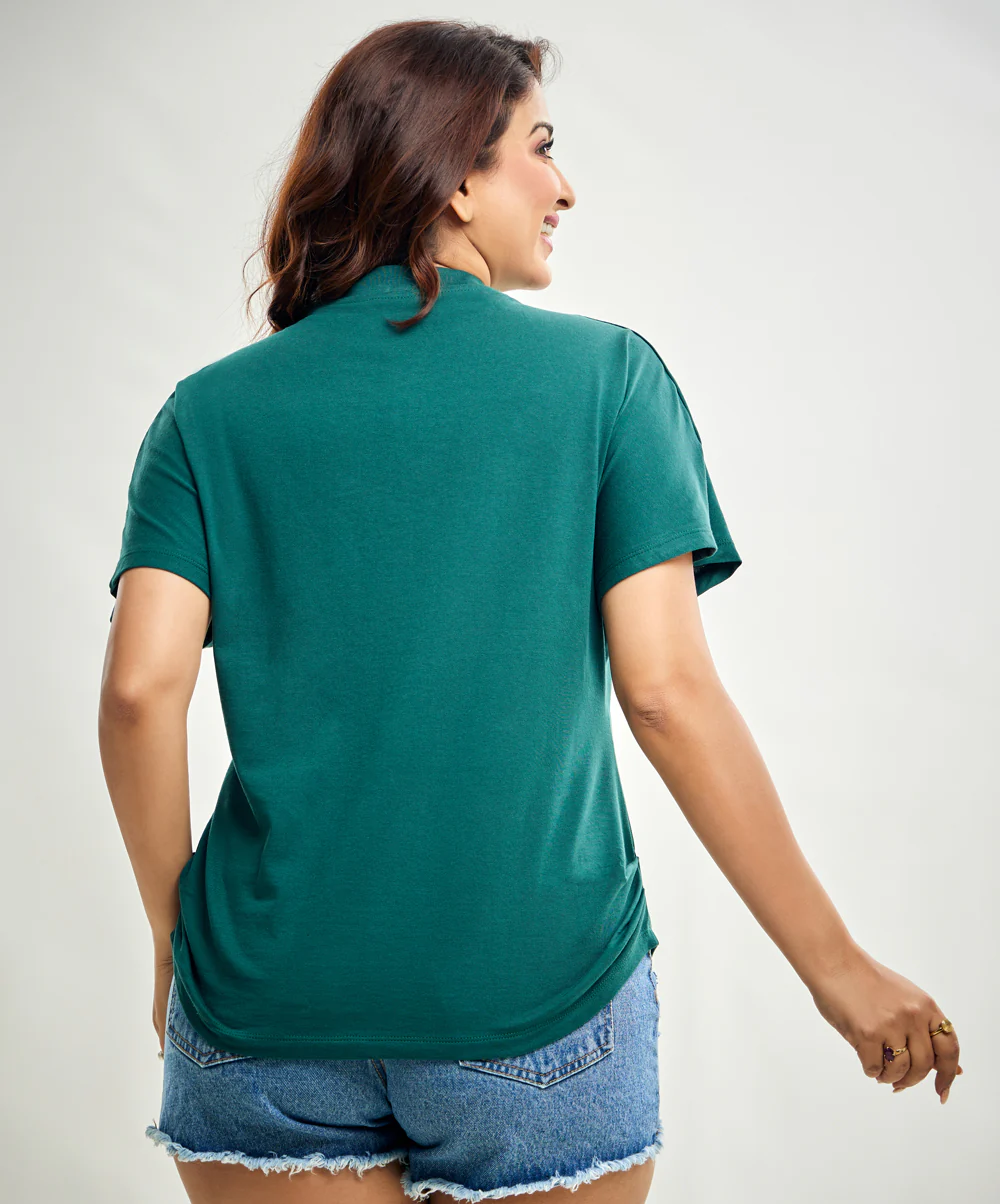 Side Gathered Crew Neck Tshirt- Dark Green - Image 2