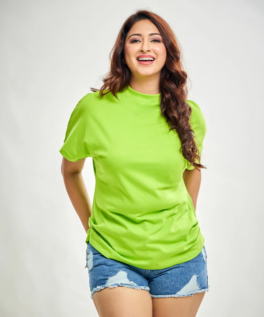 Side Gathered Crew Neck Tshirt- Electic Green - Image 2