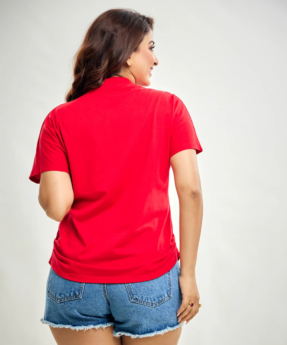Side Gathered Crew Neck Tshirt - Red - Image 2