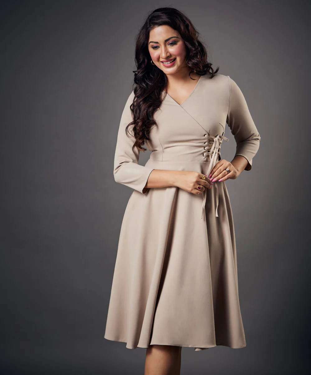 Side Looped Skater Beige Dress - Image 3