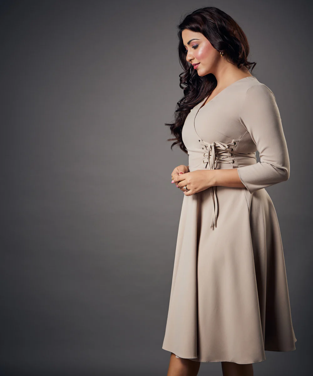 Side Looped Skater Beige Dress - Image 4