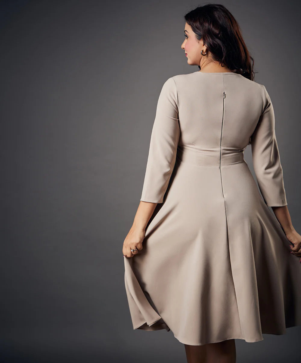 Side Looped Skater Beige Dress - Image 5
