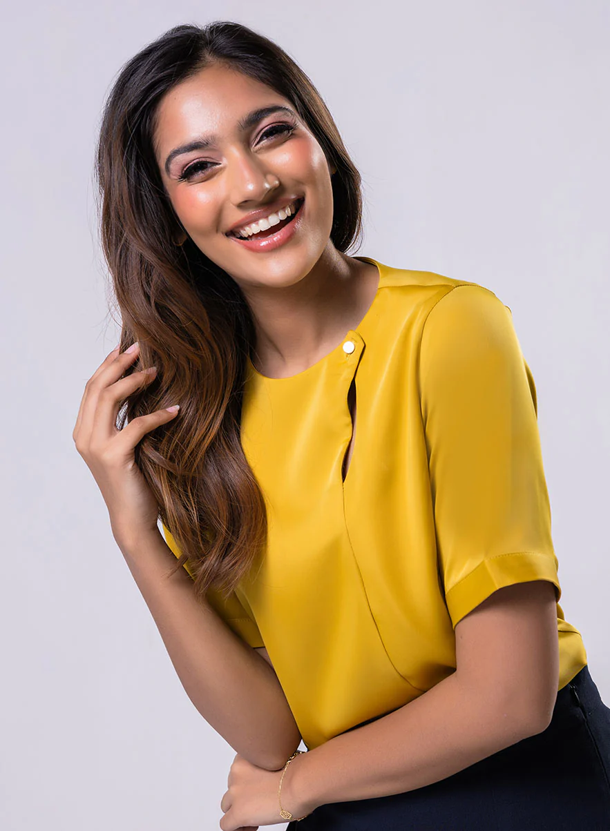Side Neck Buttoned Short Sleeve Satin Top - Image 2