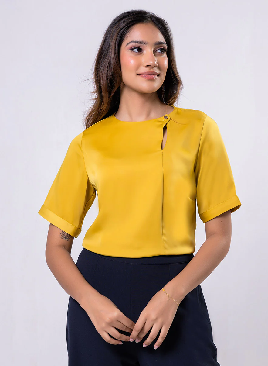 Side Neck Buttoned Short Sleeve Satin Top - Image 3